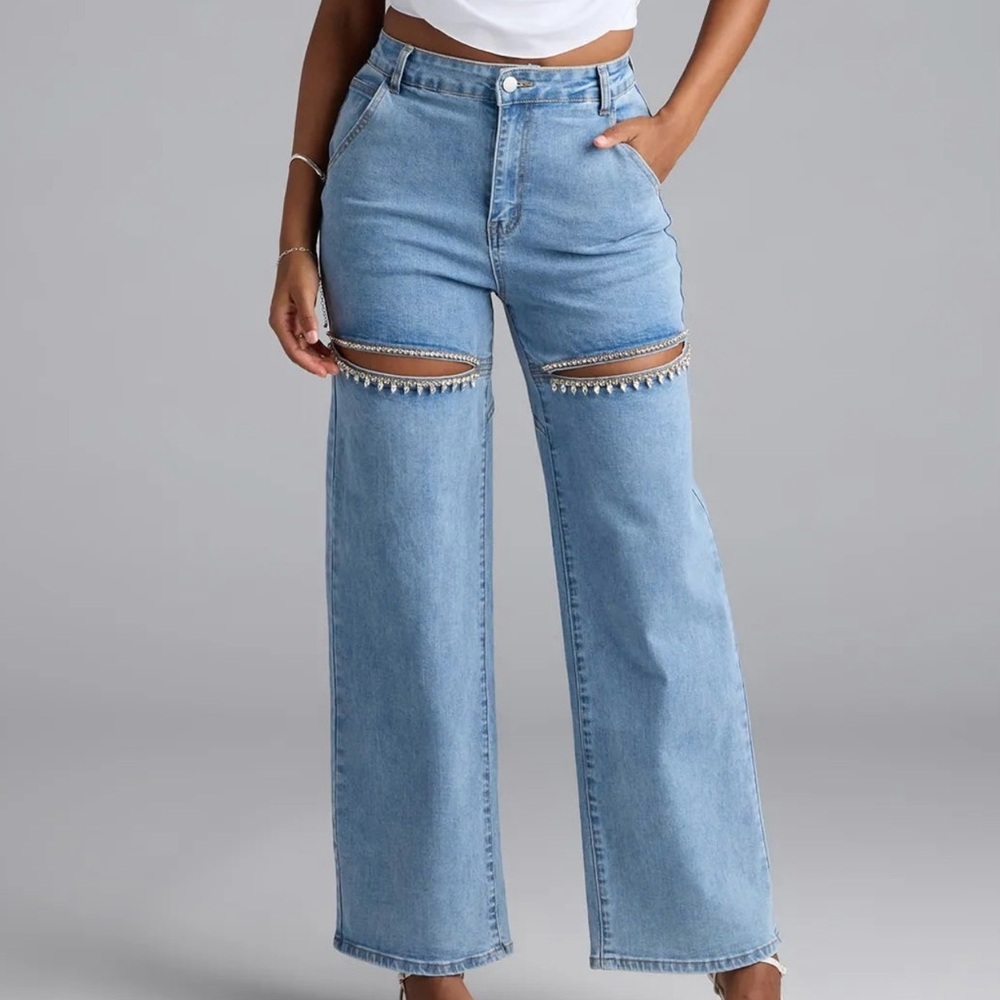 So Obsessed Rhinestone Cutout Straight Leg Denim Jeans